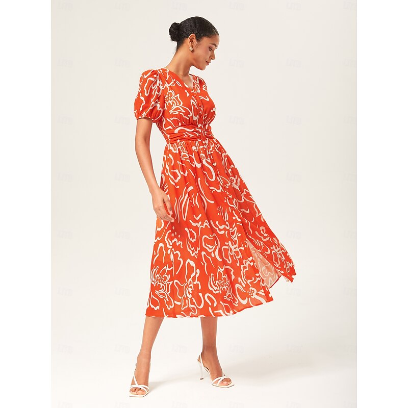 Women's Abstract Art Print Linen-Like Fabric Waist-Cinching Maxi Dress2