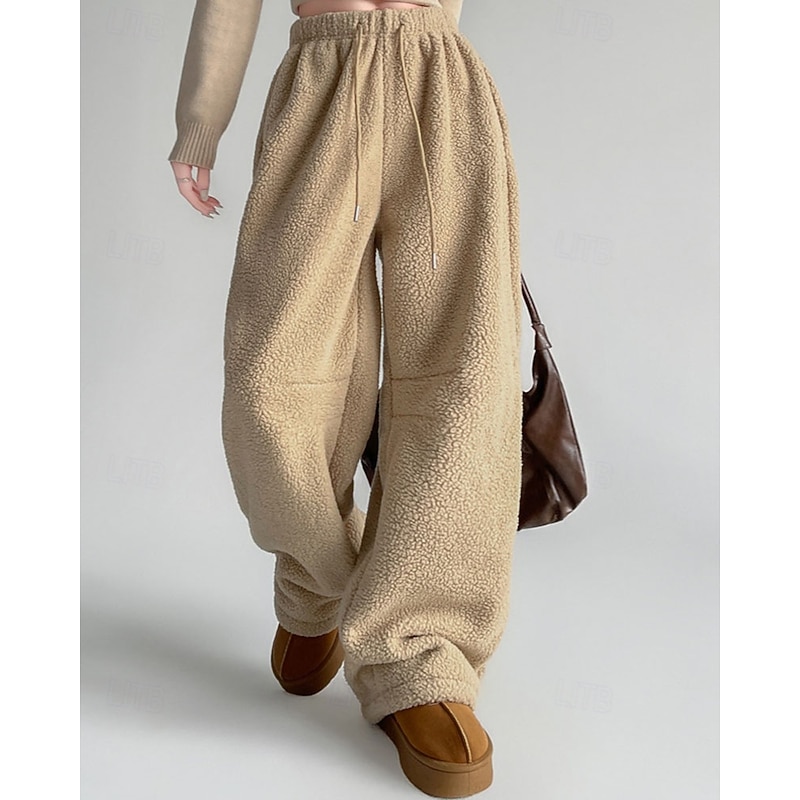 Women's Culottes Wide Leg Fleece Pants Streetwear Casual Full Length Medium Waist Plain Pocket Elastic Waist Leg Drawstring Comfortable Micro-elastic Vacation Street Daily Black White Yellow Khaki3