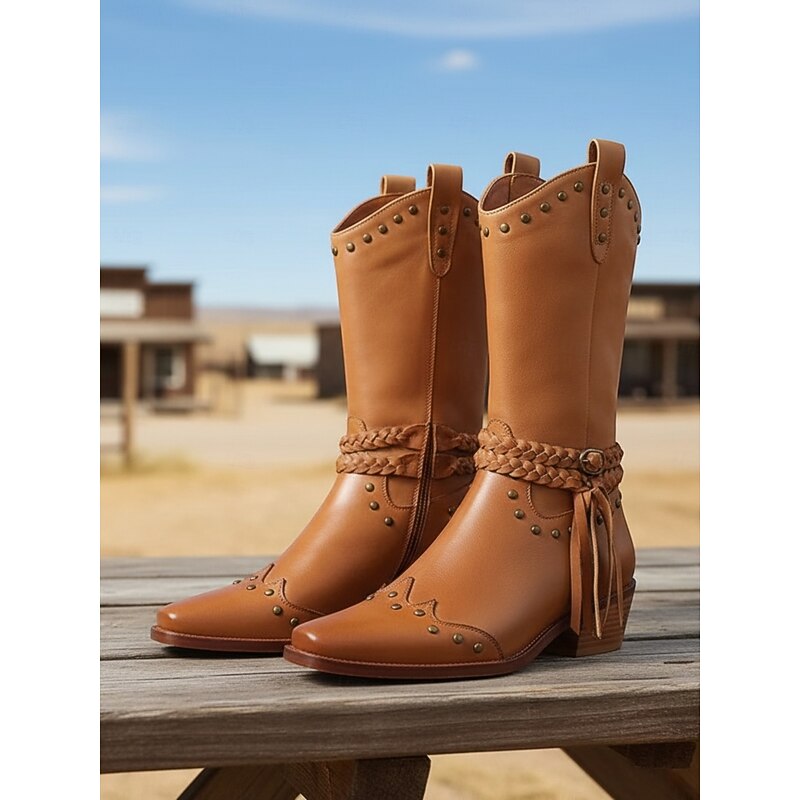 Women's Western Cowboy Boots with Braided Strap and Stud Detail, Stylish Footwear for Casual Outings and Western Themed Events3