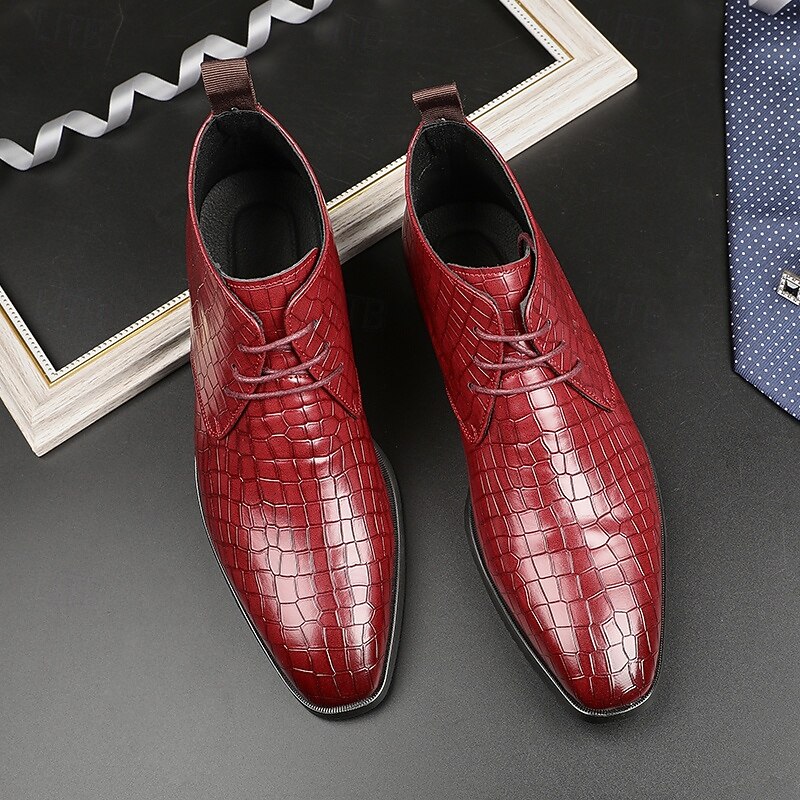 Men's Red Crocodile Pattern Faux Leather Ankle Boots – Fashion Lace-Up Dress Shoes for Parties, Nightlife and Special Occasions2