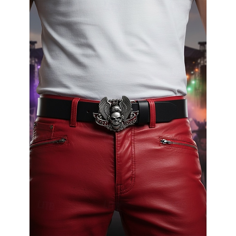 Men's Halloween Genuine Leather Belt with Skull Eagle Buckle – Gothic Punk Rock Biker Style Accessory for Parties and Festivals