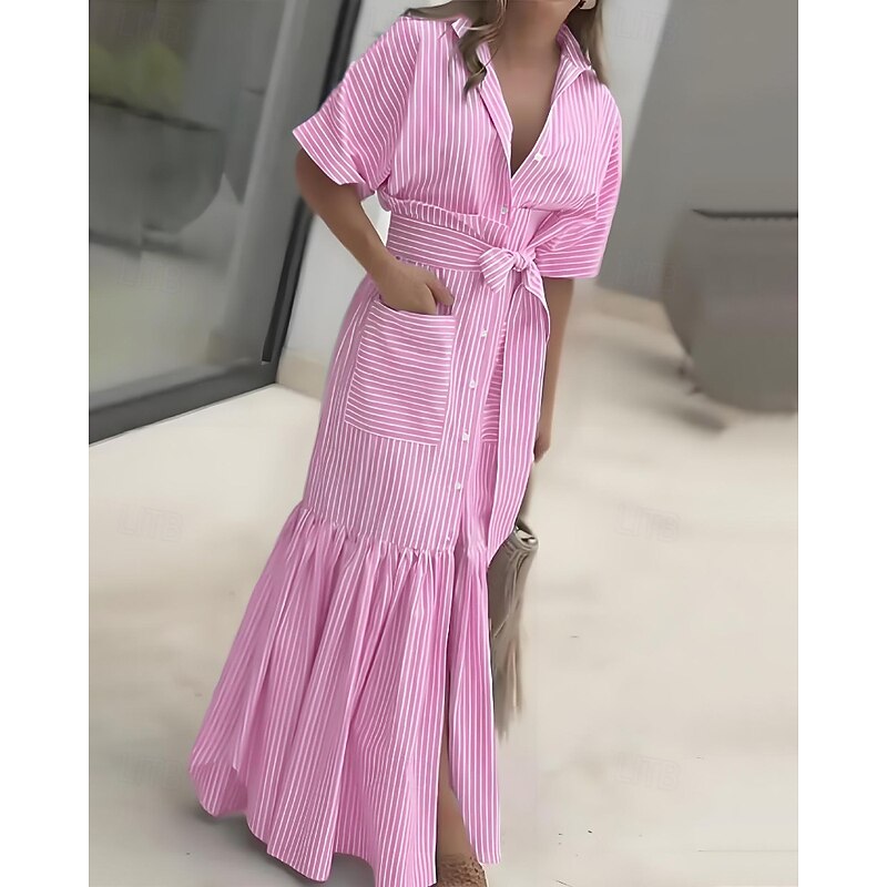 Women's Long Dress Maxi Dress Shirt Dress Modern Outdoor Vacation Daily Regular Fit Striped Short Sleeve Crew Neck Shirt Collar Magenta Black Pink Red Spring Fall