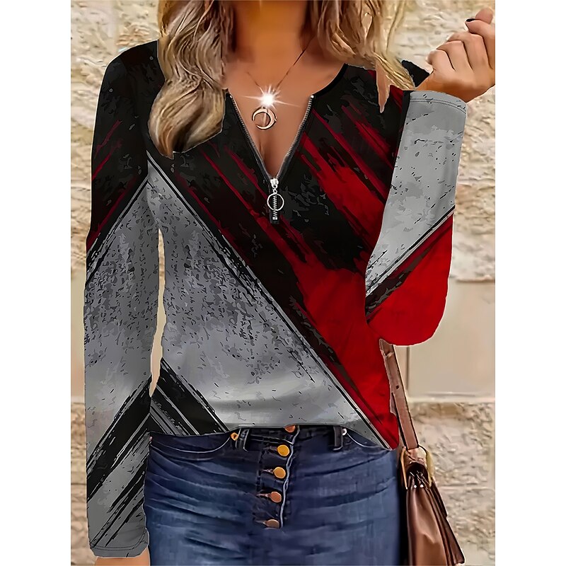 Women's T Shirt Graphic Geometric Color Block Vintage Stylish Classic Long Sleeve V Neck Regular Tops Daily Weekend Zipper Print Wine Fall Winter