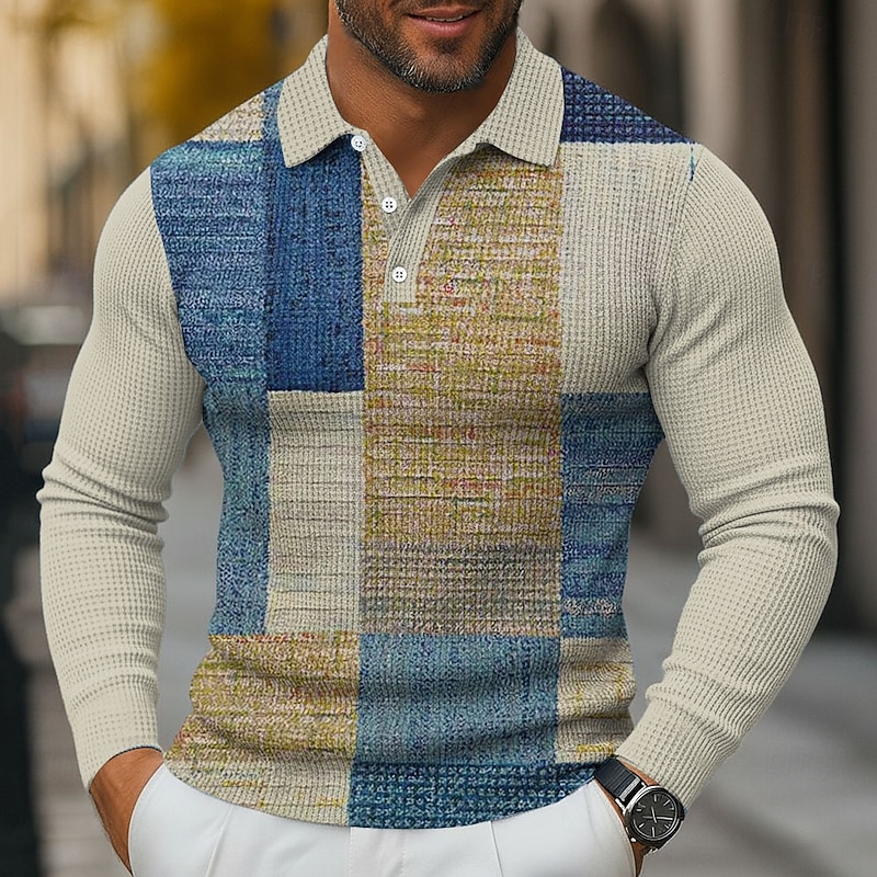 Men's Color Block Waffle Polo Shirts Long Sleeve Polo Shirts Collared Shirts Business Casual Business Wear to work Daily Wear 3D Print Buttons Spring Fall Winter Blue 1 Blue 3# Blue 2#4