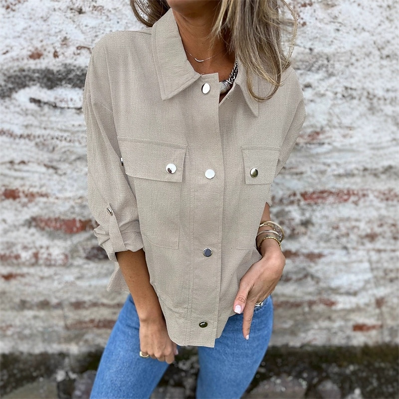 Women's Casual Jacket Warm Comfortable Pocket Buttons Fashion Outdoor Plain Going out Weekend Single Breasted Regular Lapel Regular Fit Long Sleeve Outerwear Pink Khaki Fall Winter