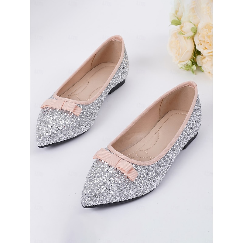 Women's Silver Glitter Pointed Toe Flats with Bow Detail - Elegant Cocktail Party and Formal Occasion Shoes4