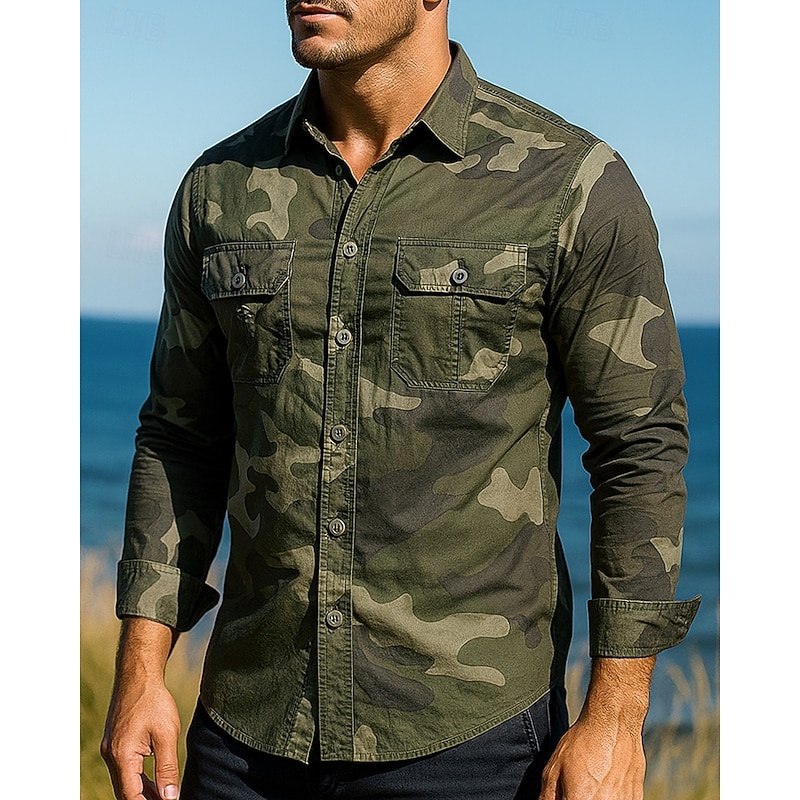Men's Cargo Shirt Hiking Shirt Long Sleeve Turndown Top Outdoor Breathable Cotton Camouflage Army Green Khaki Grey Tennis Golf Running