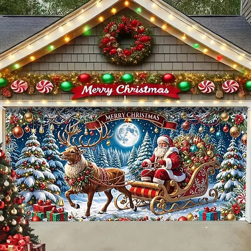 Christmas Garage Door Cover 2025 Xmas Santa Sleigh with Reindeer in Snowy Forest Backdrop Banner, Holiday Outdoor Garage Decoration for Home, Yard, Party2
