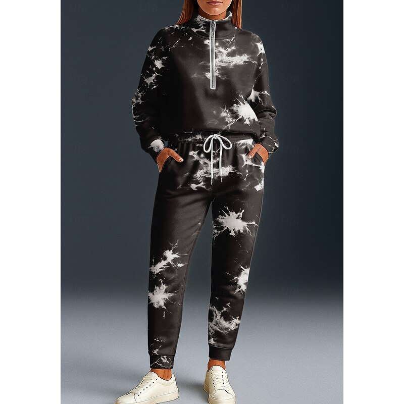 Women's Sweatshirt Tracksuit 2 Piece Tracksuit Baggy Tie Dye Clothing Suit Fall Black Vocation Outdoor Travel Lightweight Fashion Long Sleeve Sport Activewear Micro-elastic Regular Fit