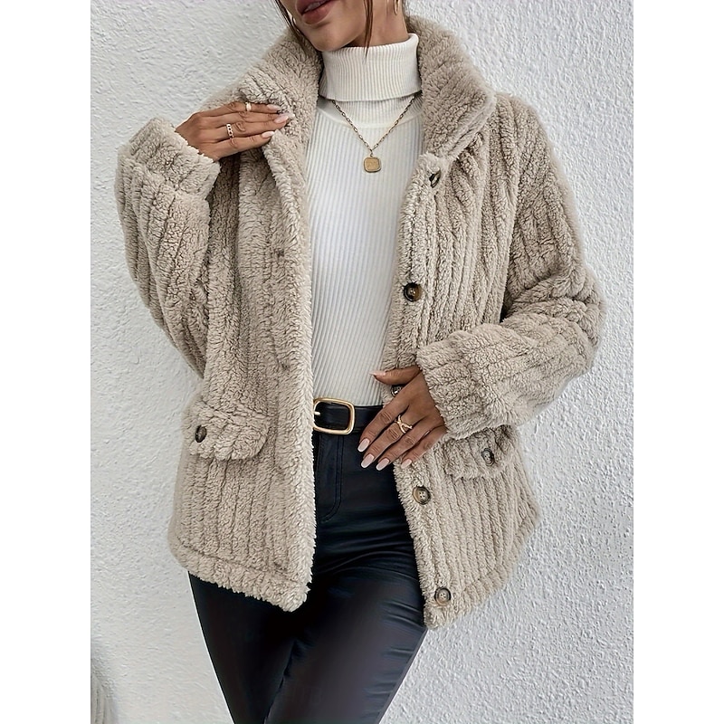 Women's Winter Coat Sherpa Jacket Comfortable Breathable Pocket Buttons Casual Plain Vacation Street Casual Daily Wear Single Breasted Regular Turndown Regular Fit Long Sleeve Outerwear Black Khaki