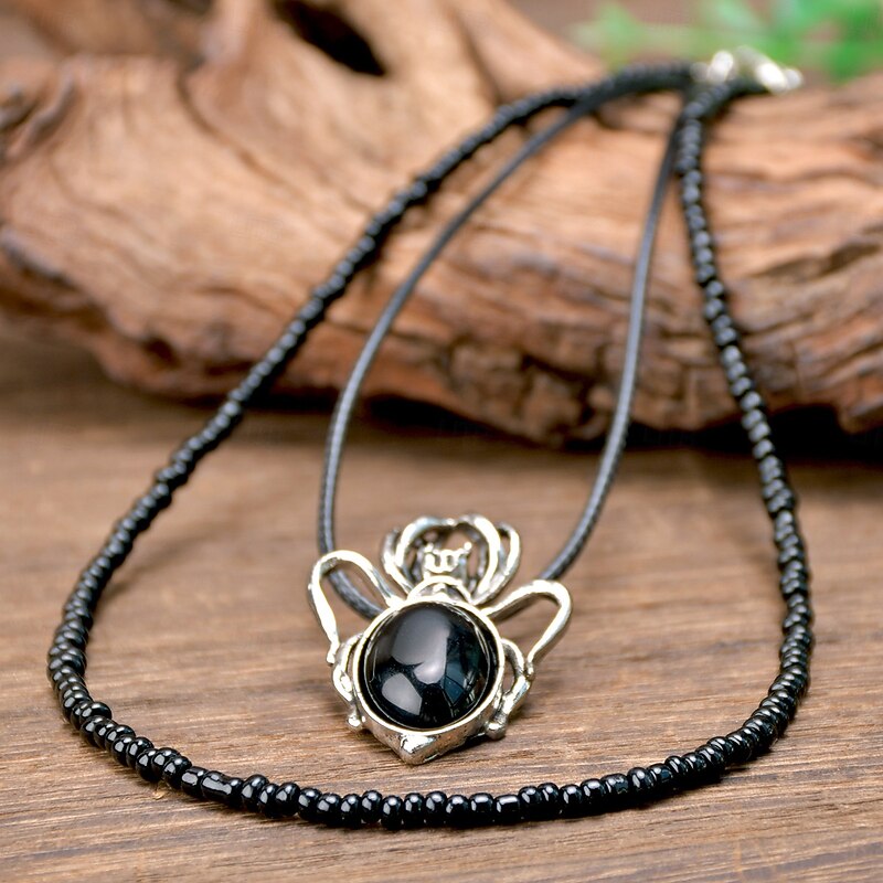 Women's Gothic Black Pendant Necklace - Double Layered Choker with Black Stone for Halloween Costume Party and Dark Fashion3