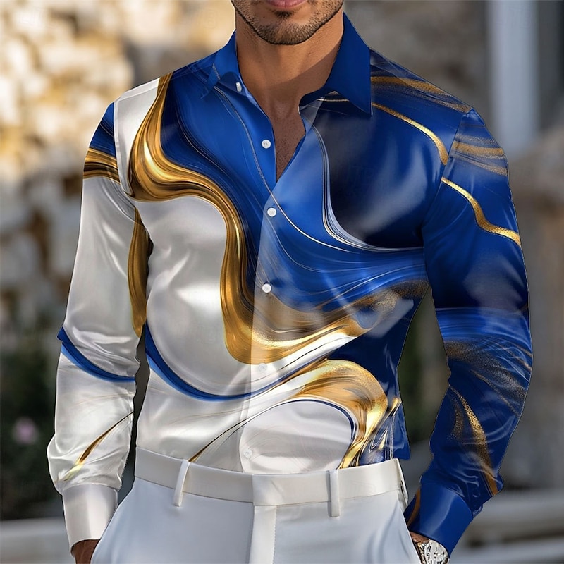 Men's Geometric Pattern Marble Abstract Liquid Art Shirt Satin Shirt Dress Shirt Long Sleeve Fashion Casual Vacation Dailywear Summer Spring Fall Turndown 3D Print Button Up Shirts Burgundy Blue
