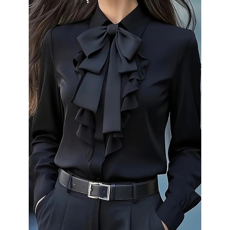 Women's Elegant Dressy Satin Blouse Plain Elegant Long Sleeve Shirt Collar Regular Tops Daily Ruffle Bow Black White Red Gray Fall
