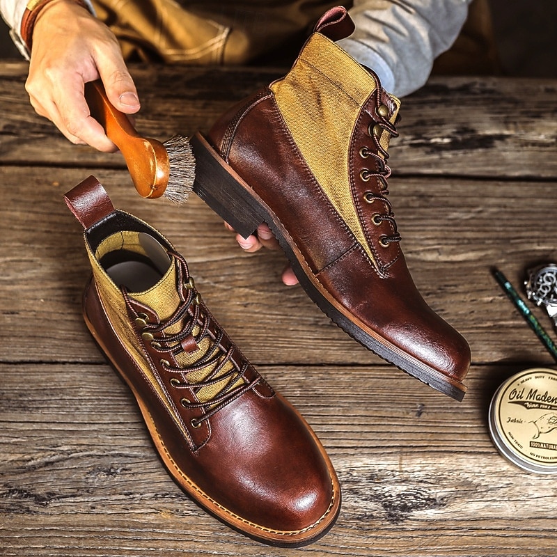 Men's Brown and Tan Lace-Up Work Boots with Contrast Panels, Rugged Mid-Calf Design for Gentlemen, Suitable for Outdoor Work, Hiking and Casual Outfits3