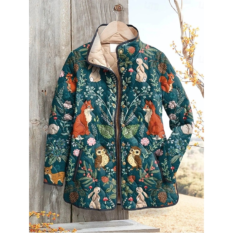 Women's Winter Jacket Puffer Jacket Warm Comfortable Pocket Buttons Print Fashion Daily Outdoor Animal Vacation Casual Daily Single Breasted Regular Stand Collar Regular Fit Long Sleeve Outerwear Red