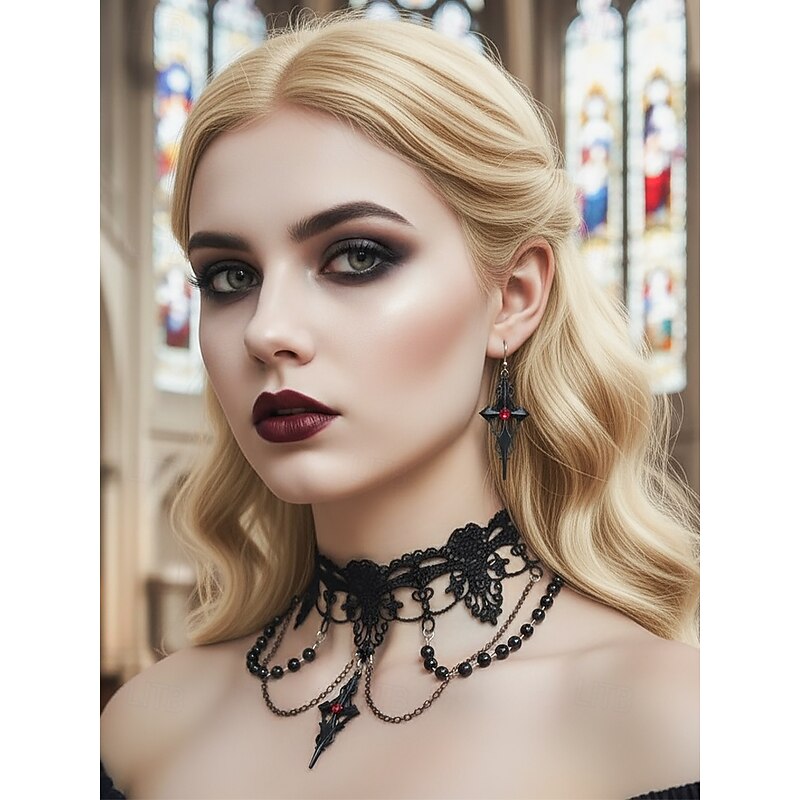 Women's Halloween Gothic Lace Choker Necklace and Earrings Set – Black Beaded Vampire Jewelry for Costume Party and Cosplay2