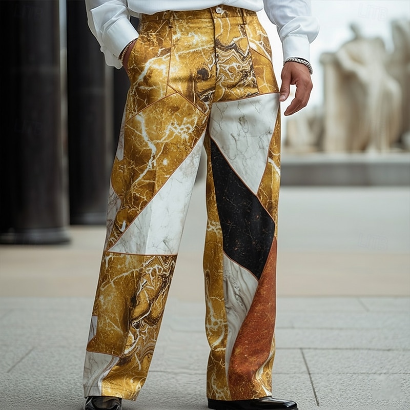 Men's Geometric Color Block Marble Trousers Dress Pants Suit Pants Mid Waist Fashion Casual Dailywear Holiday Streetwear Relaxed Fit Flat Front Dress Pants with Side Pockets Spring Fall 3D Print Gold2