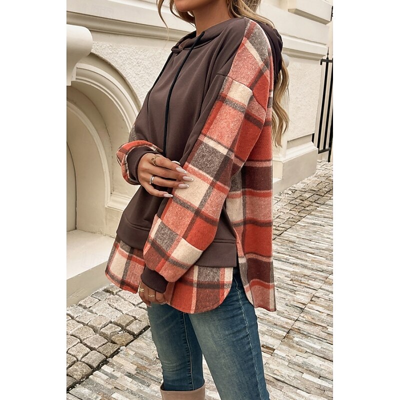 Women's Blouse Plaid Stylish Casual Beach Long Sleeve Hooded Regular Tops Daily Patchwork Black Brown Green Khaki Spring Fall Winter4