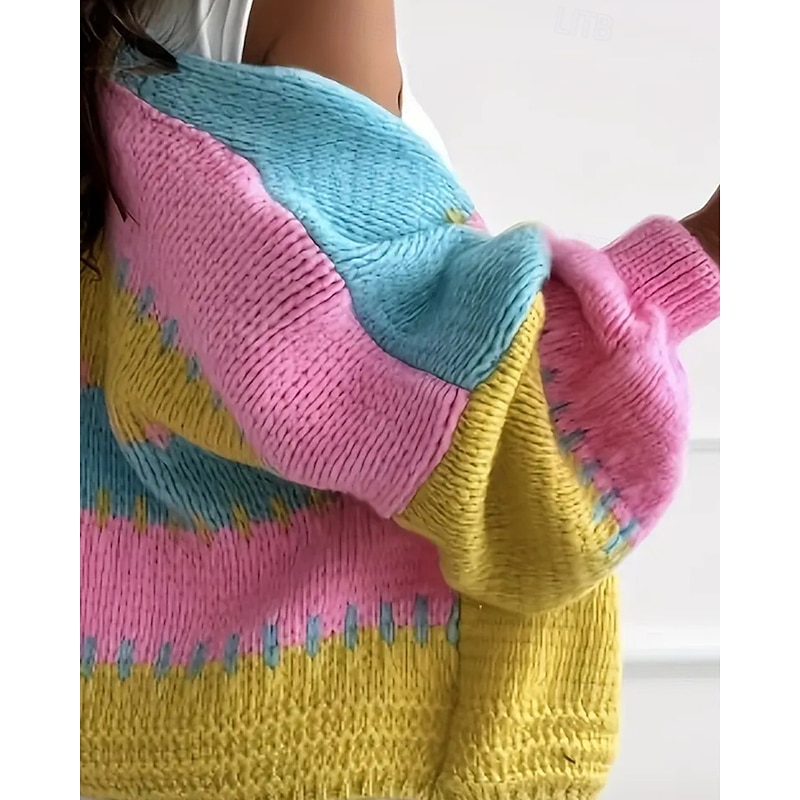Women's Sweater Cardigan Streetwear Casual Color Block V Neck Patchwork Knitted Long Sleeve Regular Tops Knit Daily Going out Weekend Pink Orange Fall Winter4