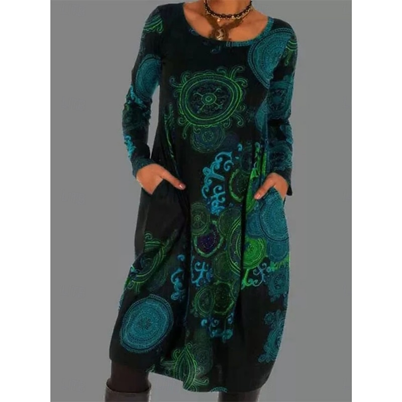 Women's Midi Dress A Line Dress Casual Outdoor Going out Regular Fit Graphic Color Block Long Sleeve Crewneck Wine Blue Green Gray Spring Fall3