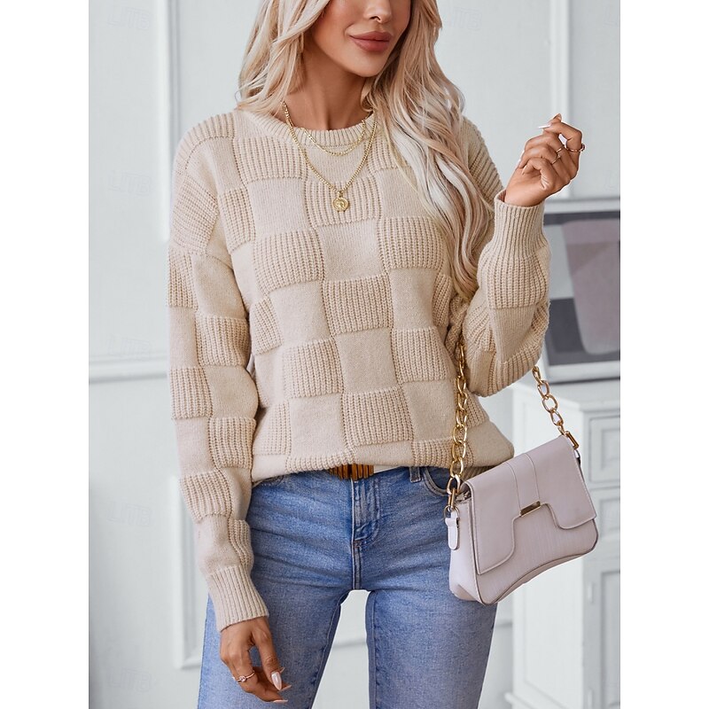 Women's Sweater Casual Soft Pure Color Ribbed Crew Neck Knitted Long Sleeve Regular Tops Knit Outdoor Daily Weekend Apricot Fall Winter