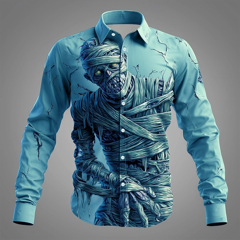 Halloween Men's Zombies Horror Mummy Shirt Button Up Shirt Long Sleeve Dark Gothic Style Holiday Streetwear Spring Fall Turndown 3D Print Collared Shirts Light Green Blue Purple Green2