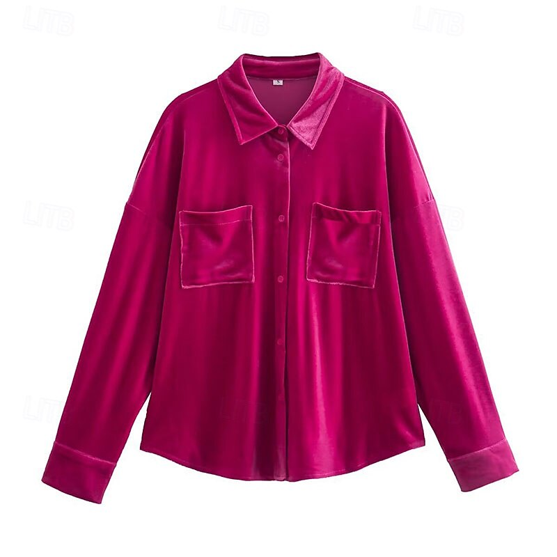 Women's Shirt Blouse Plain Stylish Long Sleeve Shirt Collar Regular Tops Daily Holiday Going out Ruched Pocket Buttons Purple Rose Pink Spring Fall3