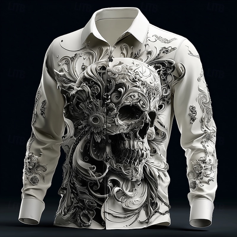 Halloween Men's Skull Intricate Floral Shirt Button Up Shirt Long Sleeve Dark Gothic Style Outdoor Holiday Spring Fall Turndown 3D Print Collared Shirts White 1 White2