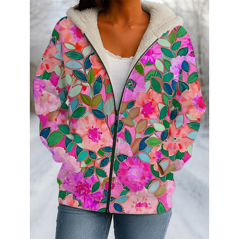 Women's Winter Coat Winter Jacket Windproof Warm Zipper Pocket Fleece Lined Active Fashion Casual Floral Casual Athleisure Daily Daily Wear Long V Neck Regular Fit Long Sleeve Outerwear Pink Blue2