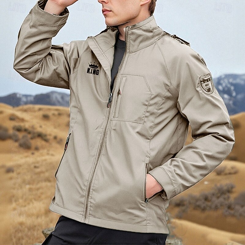 Men's Graphic King Military Jacket Raincoat Shell Jacket Waterproof Lightweight Casual Sports Outdoor Camping & Hiking Embroidered Side Pockets Windbreaker Fall Winter Hooded Long Sleeve khaki Army