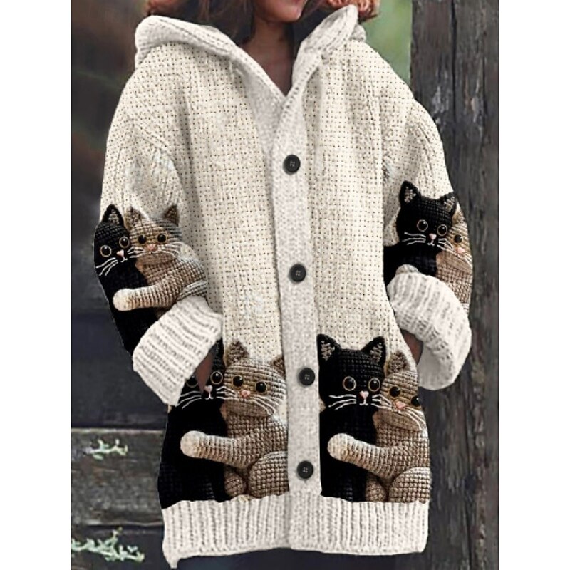 Women's Sweater Cardigan Casual Soft Animal Ribbed Hooded Pocket Buttons Knitted Long Sleeve Long Tops Knit Outdoor Daily Weekend Pink Blue Fall Winter4