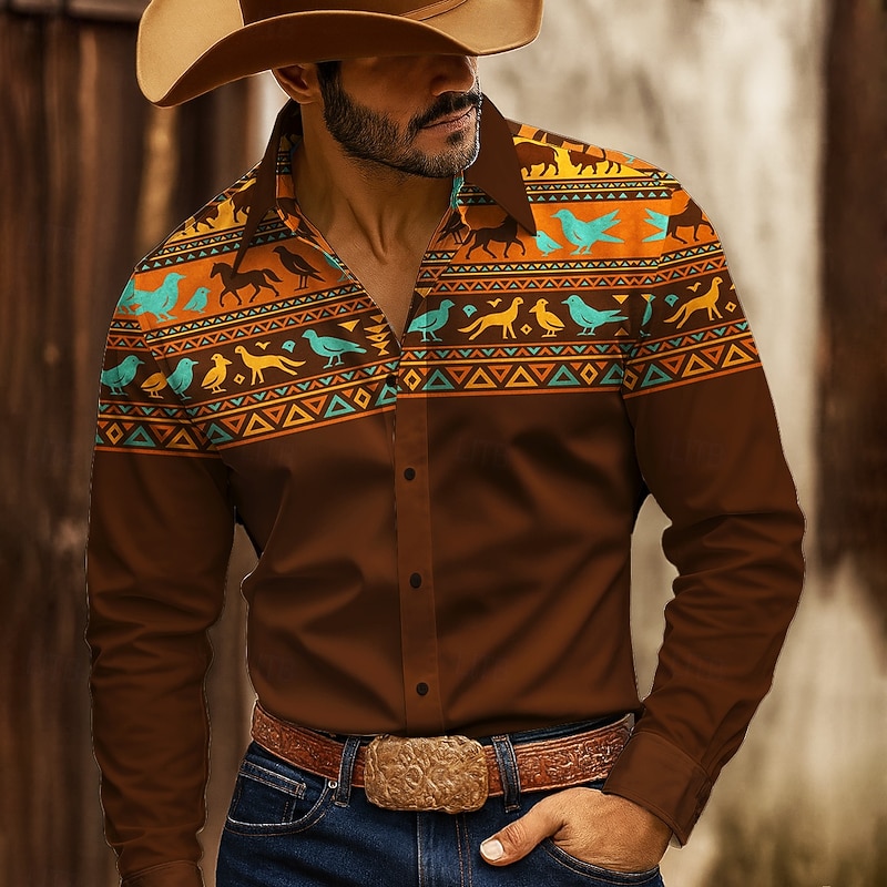 Men's Geometric Indian Culture Navajo Pattern Shirt Western Shirt Button Up Shirt Long Sleeve Vintage Retro Outdoor Casual WorkWear Spring Fall Turndown 3D Print Collared Shirts Dark Red Blue Green