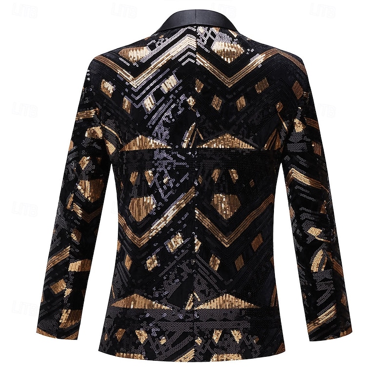 Men's Blazer Jacket Shawl Collar Fashion Geometric Blazer Black / Gold Slim Fit Single Breasted One-button2