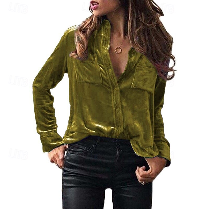 Women's Shirt Blouse Plain Active Stylish Long Sleeve Shirt Collar Regular Tops Party Evening Wear Holiday Going out Pocket Buttons Grass Green Black Royal Blue Brown Dark Gray Spring Fall4