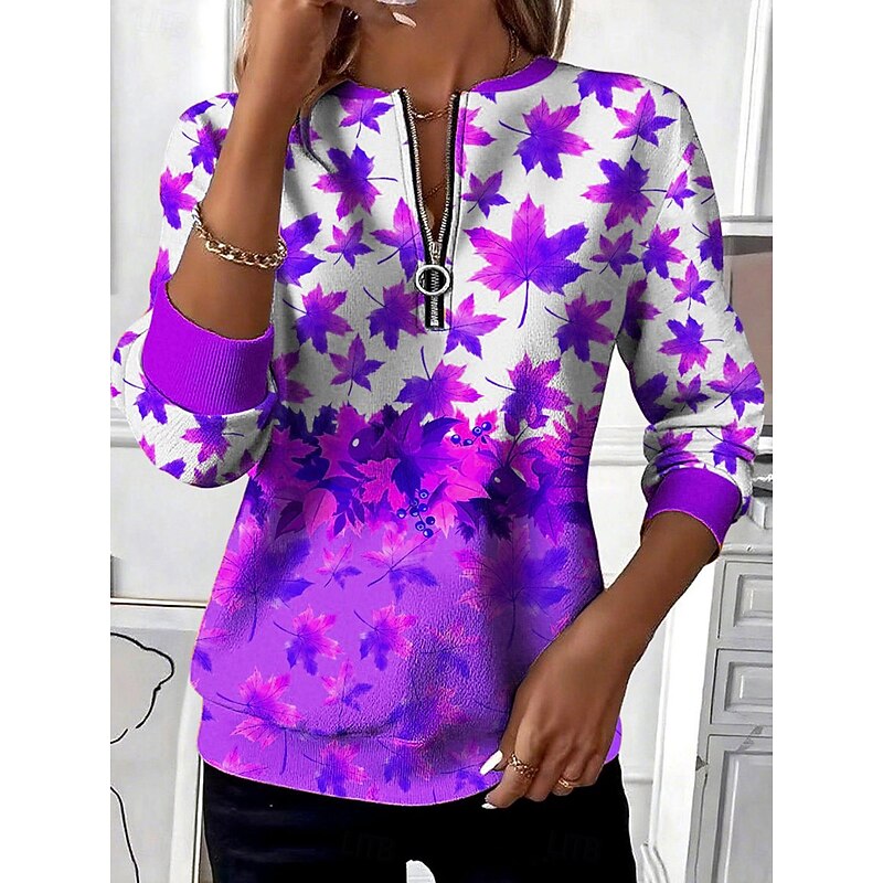 Women's Pullover Sweatshirt Zip Up Sweatshirts Floral Graphic Fashion Casual Long Sleeve Crew Neck Regular Tops Street Dailywear Zipper Print Purple Orange Green Fall Winter2