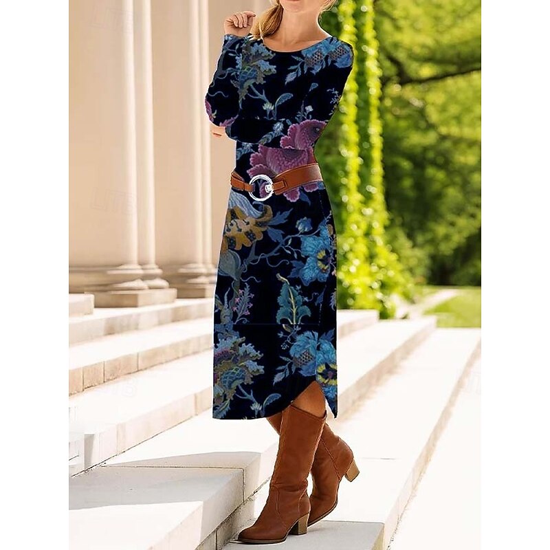 Women's Midi Dress Sheath Dress Shift Dress Casual Daily Regular Fit Graphic Paisley Abstract Long Sleeve Crew Neck Red Blue Green Spring Fall Winter Autumn3