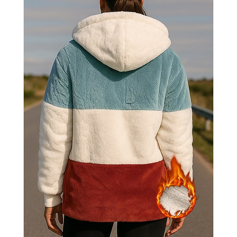Women's Fleece Sweatshirt Jacket Winter Coat with Pockets Long Sleeve Top Athleisure Fall Color Block Windproof Warm Outdoor Travel Vacation Sportswear Activewear Black Red Blue2