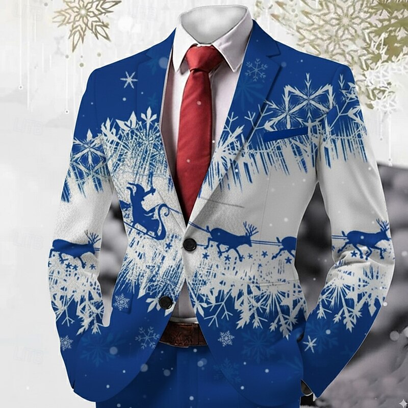 Men's Blazer Coat Christmas Outdoor Casual Casual Daily British Fall / Winter 100% Polyester Elk Snowflake 3D Print Buttons Thermal Warm Comfortable Single Breasted Blazer Red Blue Green3