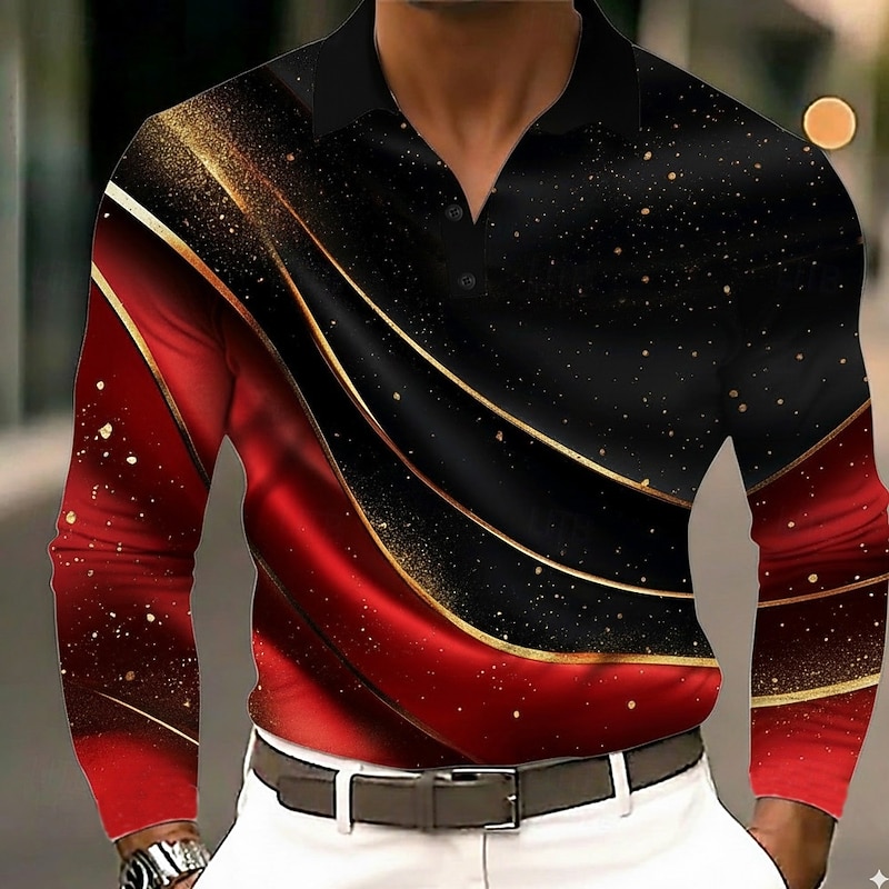 Men's Abstract Geometic Polo Long Sleeve Polo Shirts Lapel Business Casual Outdoor Athleisure Daily Wear 3D Print Buttons Spring Fall Winter Red Blue Purple