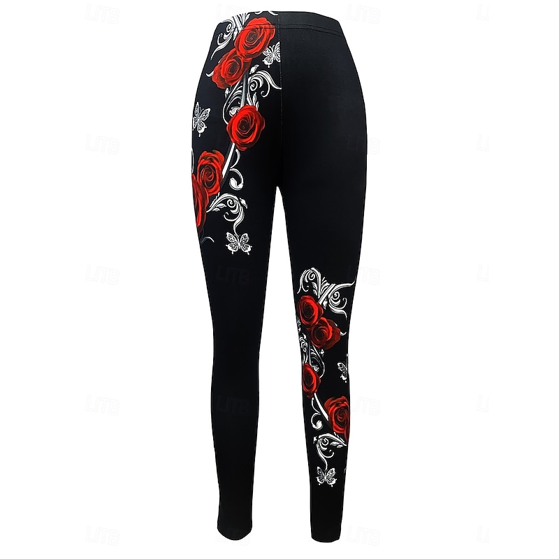 Women's Leggings Vintage Fashion Streetwear Full Length High Waist Floral Graphic Printing Thermal Warm Soft Breathable Stretchy Outdoor Street Daily Red Spring Fall Winter Slim Fit2