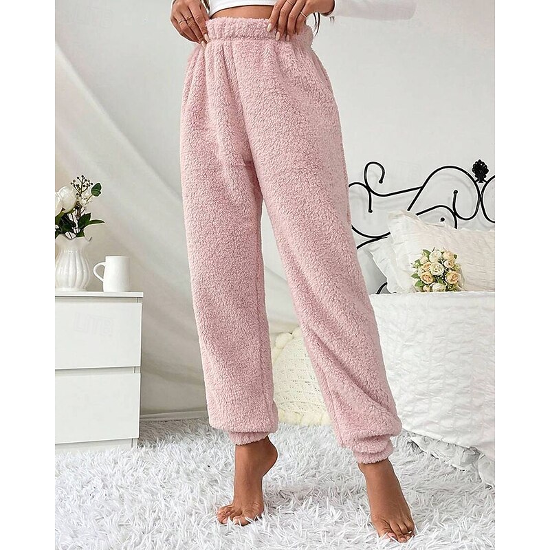 Women's Fleece Pants Pajamas Casual Full Length Medium Waist Plain Elastic Waist Thermal Warm Comfortable Micro-elastic Home Daily claret Light Gray Black Pale Pink Fall Winter Regular Fit4