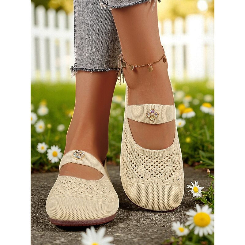 Women's Wide Width Flyknit Mary Jane Flats – Breathable Comfort Shoes with Rhinestone Strap for Walking and Daily Wear3