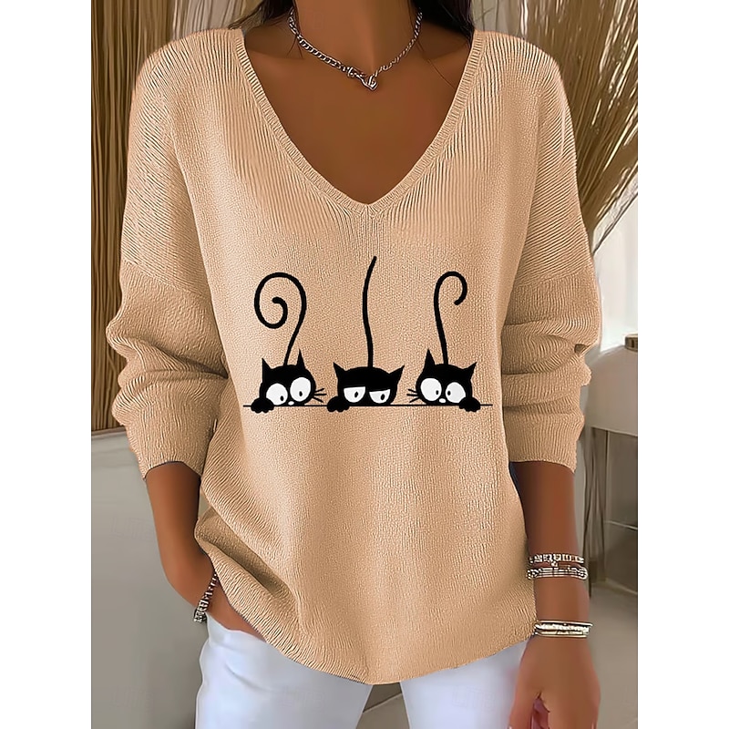 Women's Sweater Pullover Fashion Streetwear Casual Graphic Animal V Neck Oversized Knitted Long Sleeve Regular Tops Knit Outdoor Daily Pink Orange Spring Fall3