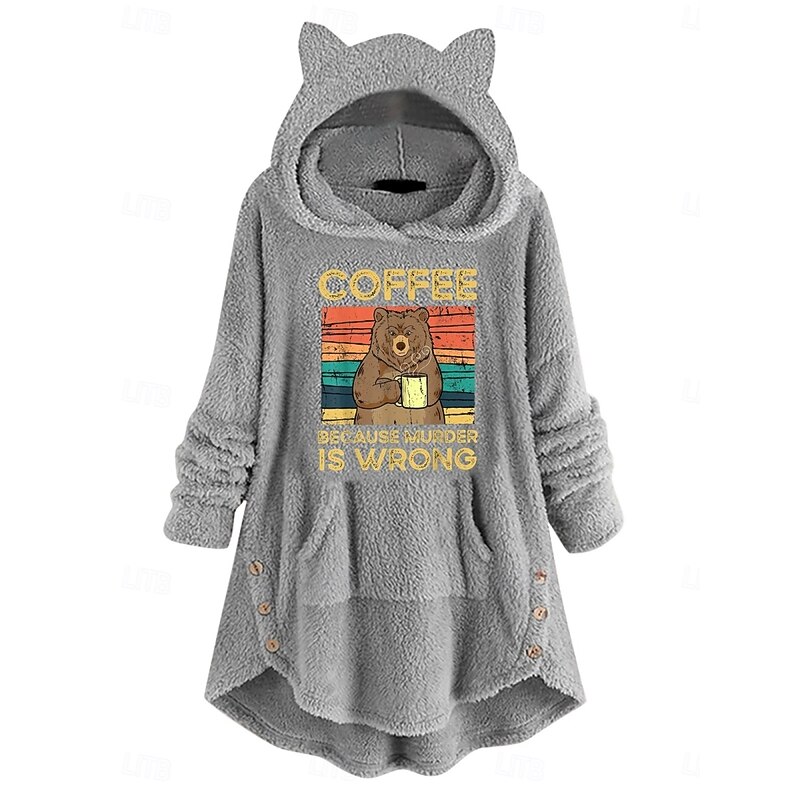 Women's Pullover Hoodie Sweatshirt Animal Letter Casual Long Sleeve Hooded Long Tops Street Dailywear Casual Pink Wine Gray Fall Winter
