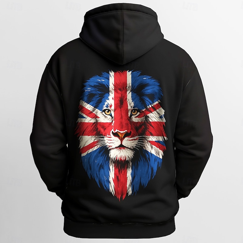 Men's Flag Lion UK Hoodie Sweatshirt Sports Fashion Crew Neck Outdoor Office Streetwear Black White Drawstring 3D Fall Winter Designer