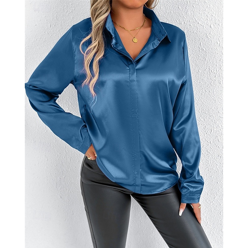 Women's Shirt Elegant Dressy Satin Solid Color Elegant Stylish Basic Long Sleeve Shirt Collar Regular Tops Daily Going out Buttons Red Navy Blue Royal Blue Spring Fall3