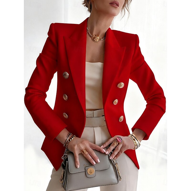 Women's Blazer Comfortable Breathable Print Fashion Casual Plain Office / Career Double Breasted Regular Notch Lapel Regular Fit Long Sleeve Outerwear Black Red Blue Fall Winter