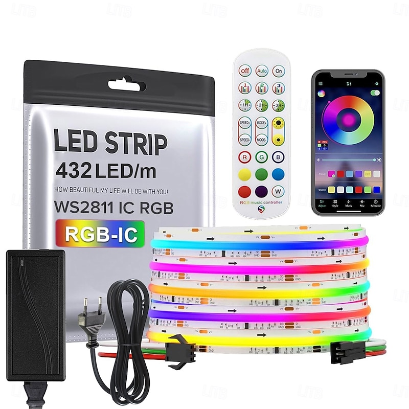 RGB Smart IC COB LED Strip Light Addressable 16.4ft 12V Color Flowing Strip Light Multicolor Flexible Tape Lights with APP Control/Music Modefor TVBedroomParty DIY Decoration3