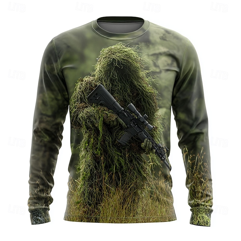 Men's Camo T Shirt Long Sleeve T shirt 3D Print Crew Neck Shirt Fashion Outdoor Street Sports Outdoor Hunting Green 1# Green 2# Summer Spring Clothing Apparel S M L XL XXL XXXL