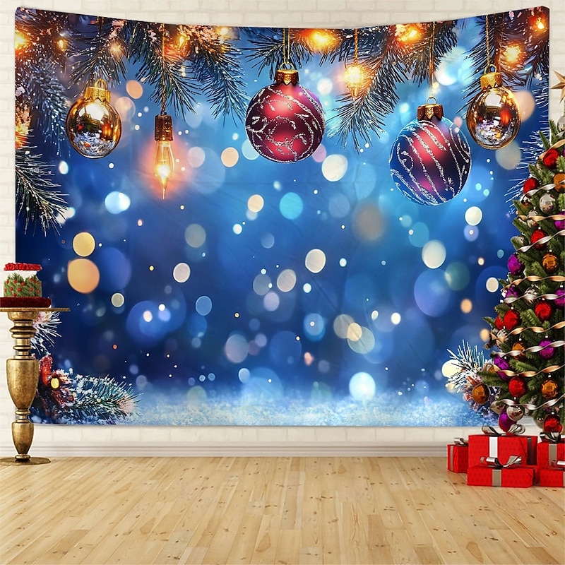 Chrismas Hanging Tapestry Christmas Ornament Balls Festive Holiday Background Light Bulbs Neon Lights Large Wall Art Mural Decor Blanket Curtain Home Bedroom Living Room Seasonal Decoration